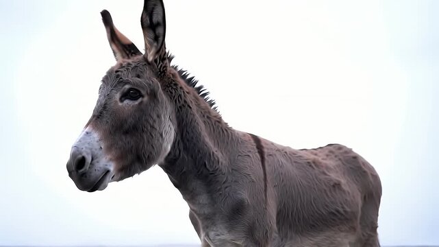 Grey and White Donkey Standing In a Field With Pale Sky In Natural Light