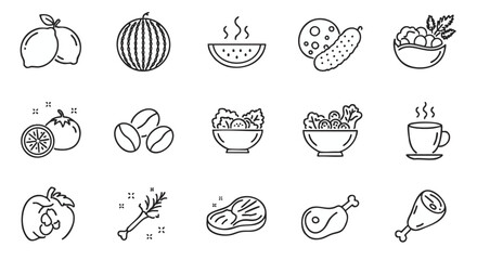 Food and drink line icon set. A collection of simple outline symbols for fruits, vegetables, meat, and coffee for culinary design.