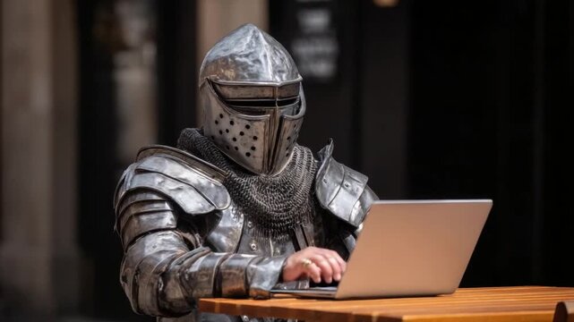 A medieval knight in full metal armor and helmet works on a modern laptop at a wooden outdoor table