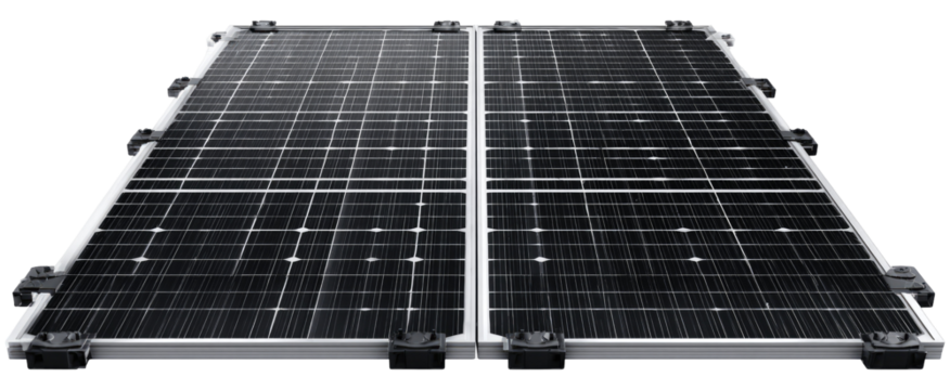 Large solar panel array, gridded dark cells, mounted on a light-colored frame