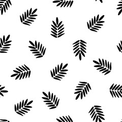 Seamless pattern with hand drawn brush leaf shapes or blots on black background. Vector illustration in flat style for wrapping paper, textile print, cover, wallpaper.