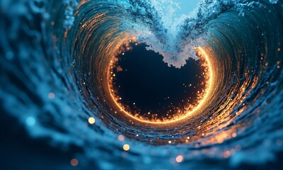 A powerful, curling blue wave forms a tunnel, revealing a vibrant, glowing orange portal at its center, with shimmering light.