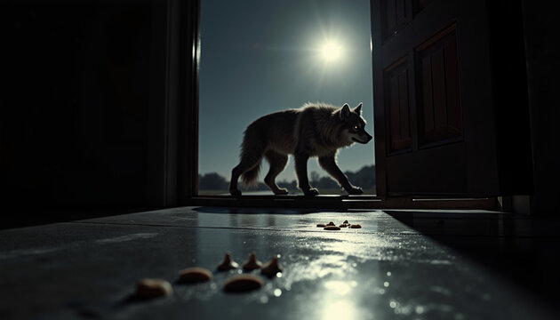 Volf walking through an open door at night with moonlight shining  