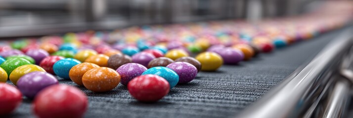 Obraz premium Colorful candy coated chocolates moving along a production line in a factory during the daytime