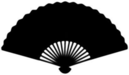 Black and white silhouette of an open fan with geometric pattern design