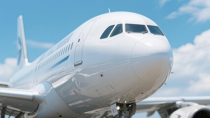 Close-up view of the front of a pristine white commercial airliner against a bright blue sky.  The image showcases the smooth, clean lines of the aircraft's nose and cockpit.