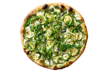 Delicious vegetarian pizza with fresh green toppings isolated on transparent background