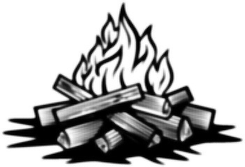 Fototapeta premium Black and white wood fire illustration with stylized flames and logs
