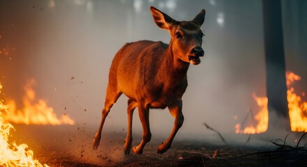 A young deer runs through a forest fire, escaping flames and smoke. Concept of climate change and environmental disaster.