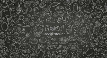 Hand-drawn food background with various vegetables, fruits, and dishes sketched in white on a dark chalkboard texture.