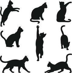 Black cat silhouettes in playful, sitting, walking, jumping, and stretching poses, perfect for pet vector design, Halloween themes, decoration
