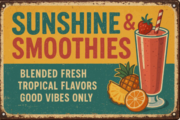 The vintage sign promotes sunshine, smoothies, and tropical flavors, creating good vibes. Vintage vector tin sign with retro text and distressed look