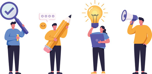 Creative workflow illustration featuring modular characters with magnifying glass, pencil, lightbulb-laptop combo, and megaphone in flat design for UX storytelling