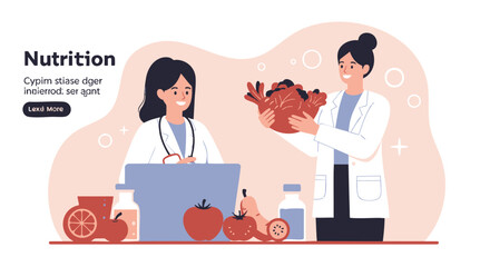 Two doctors discuss healthy eating and nutrition, showcasing fresh produce and a heart-shaped vegetable arrangement.