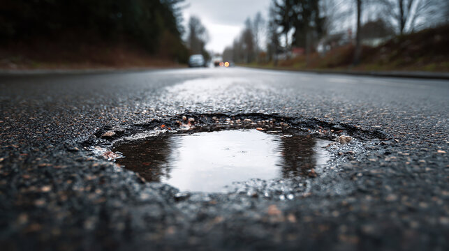 Road Hazard: Pothole Filled with Water. A dangerous pothole filled with water creates a road hazard on an overcast day. Be careful when driving or biking!