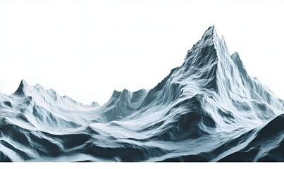 A dramatic, cold mountain landscape featuring sharp, snowy peaks rising against a pure white, isolated background.