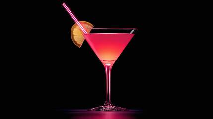 Elegant cocktail on a dark backdrop, showcasing vibrant pink hues and a citrus garnish, illuminated for a sophisticated and refreshing ambiance.