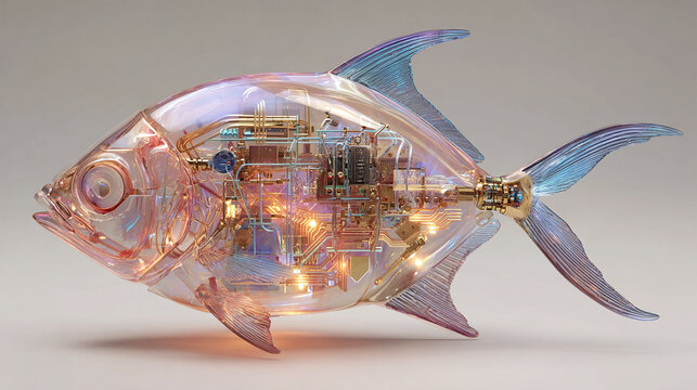 Futuristic Fish: A translucent iridescent fish revealing intricate electronic circuitry and glowing components within, blending nature and technology. - Powered by Adobe