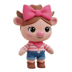 Fototapeta premium A cute cartoon-style deer-like doll with a pink bow, wearing a cowboy hat, striped shirt, shorts, and boots, isolated on a transparent background, png, cutout.