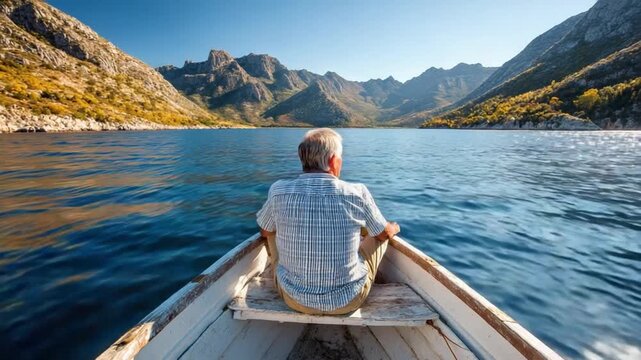 Serene Lake Journey: An older gentleman navigates a tranquil lake in a small boat, embraced by the majestic mountains and a clear blue sky, embodying the essence of peace and contemplation.