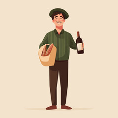 Whimsical man holding bread and wine