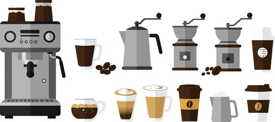Coffee icon vector set with coffee maker, foam cup, beans, grinder, latte, cappuccino, takeaway cup, milk frother, and brewing tools in stylized flat design