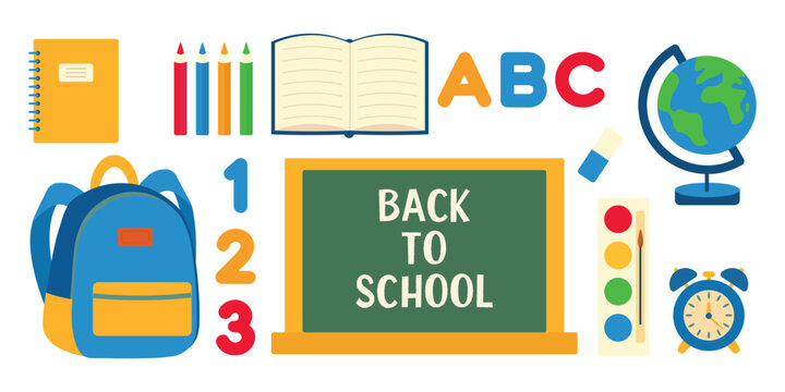 Vector set of school supplies backpack books colored pencils spiral notebook alarm clock globe paints eraser school board Colorful flat design elements Education themes posters learning materials
