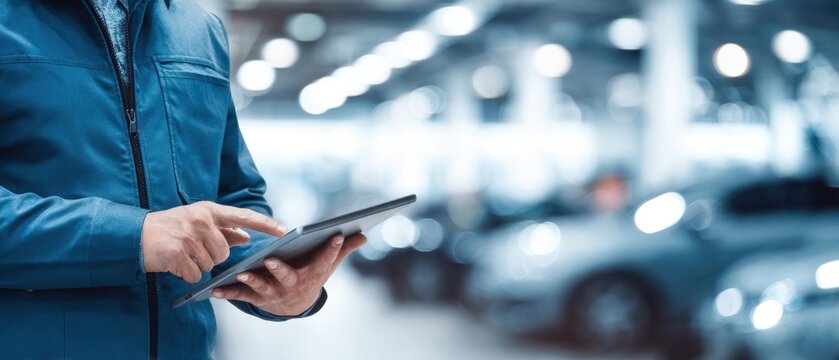 The professional using a tablet in an automotive dealership environment.