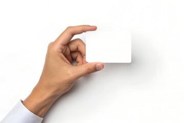 Obraz premium A hand holds a blank white card on white background