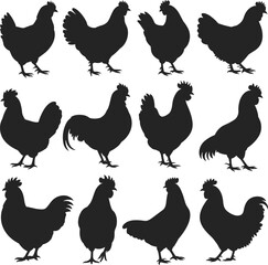 Black Silhouettes of Chickens and Roosters, Poultry Farm Birds Collection, Vector Clipart Set, Animal Silhouette Design for Projects