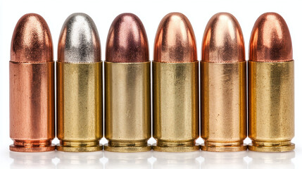 A collection of assorted bullet cartridges, featuring copper, silver, and brass finishes. Ammunition types arranged side-by-side on a reflective surface.