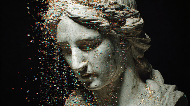 Classical statue in digital decay. Pixelated disintegration of art and history against black evokes a sense of loss, fragility, and transformation.