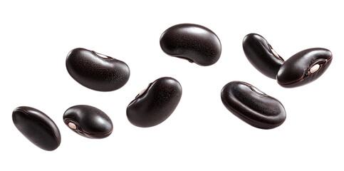 Flying black beans, black seeds, or pods for design elements and texture in a product packaging template isolated on a transparent background