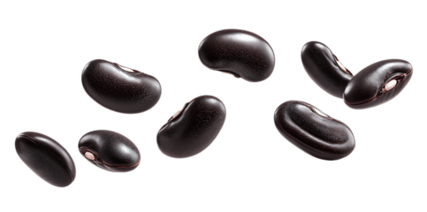 Flying black beans, black seeds, or pods for design elements and texture in a product packaging template isolated on a transparent background
