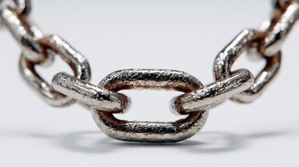 Obraz premium Close-up view of a metallic chain link showcasing texture and shine in a well-lit setting