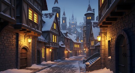 Naklejka premium 雪の降る中世の街並み 幻想的な冬の夜