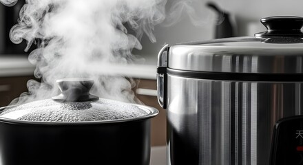 Steaming hot food preparation, kitchen appliance in use, cooking with steam, culinary process