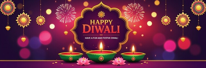 Happy Diwali Festival Celebration with Decorative Diyas, Rangoli, Lotus Flowers, and Festive Fireworks | AI-Generated