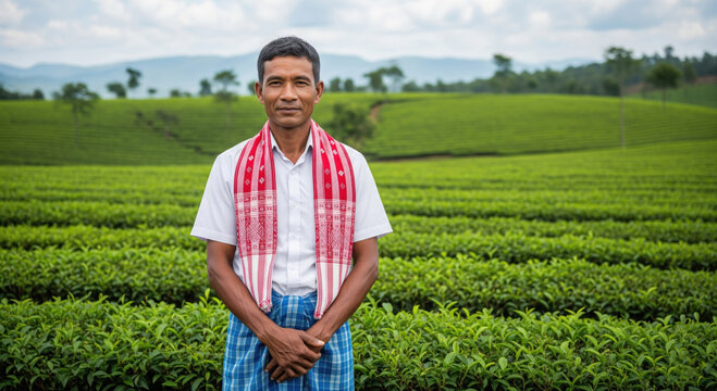 happy indian farmer standing at green agricultural field