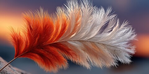 Obraz premium Colorful feather resting against a blurred sunset background by the shore during evening hours