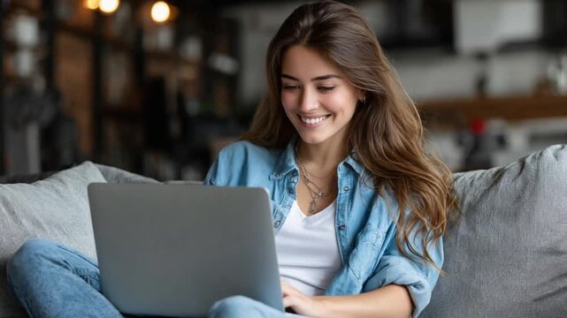 Smiling Woman with Laptop: A radiant woman beams as she engages with her laptop, embodying contemporary lifestyle and ease. The scene exudes a sense of comfort and effortless connection.