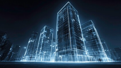 Futuristic Cityscape with Glowing Blue Lines and Modern Architecture Design