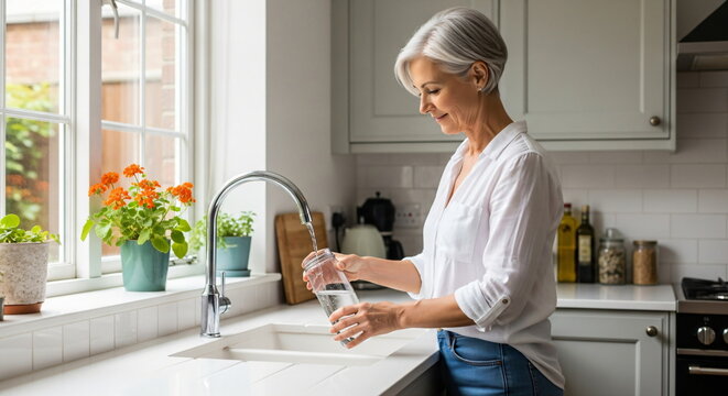 Elegant woman pouring fresh water into a glass near kitchen sink. Healthy lifestyle and hydration concept. Modern kitchen interior.