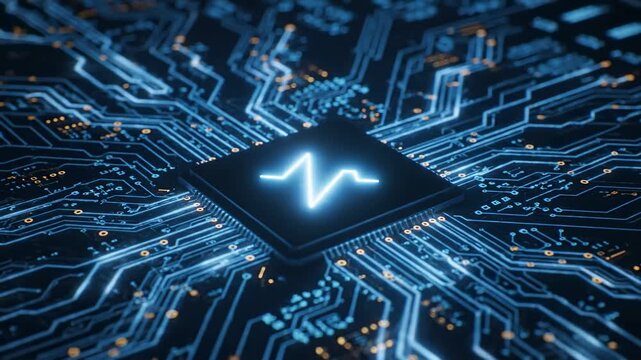 Heartbeat of Innovation: Vibrant AI Processor on a Dynamic Circuit Board with Luminous Data Flow