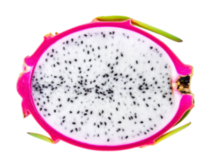 Halved Dragon Fruit Showing White Flesh and Black Seeds, Top-Down Composition, Isolated PNG 