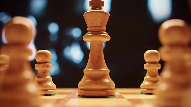Chessboard with White Chess Pieces King in Center with Bokeh Background