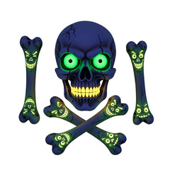 Glow in the dark skull and crossbones halloween decoration isolated on transparent background