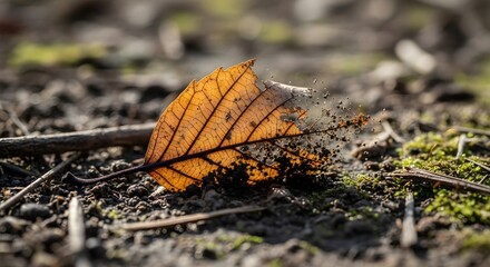 Autumn leaf disintegrating on forest floor, symbolizing decay and the cycle of nature