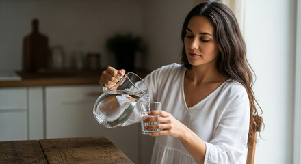 Woman pouring pure fresh water into glass in home kitchen. Concept of healthy hydration and clean drinking.