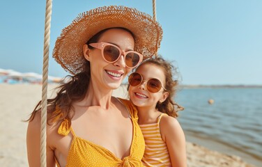 Joyful moments of a mother and daughter on a swing by a serene lake during summer vacation